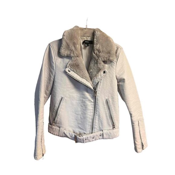 Forever 21 Faux Leather/ Fur Collar Crop Jacket Sz M Gray - Picture 1 of 8